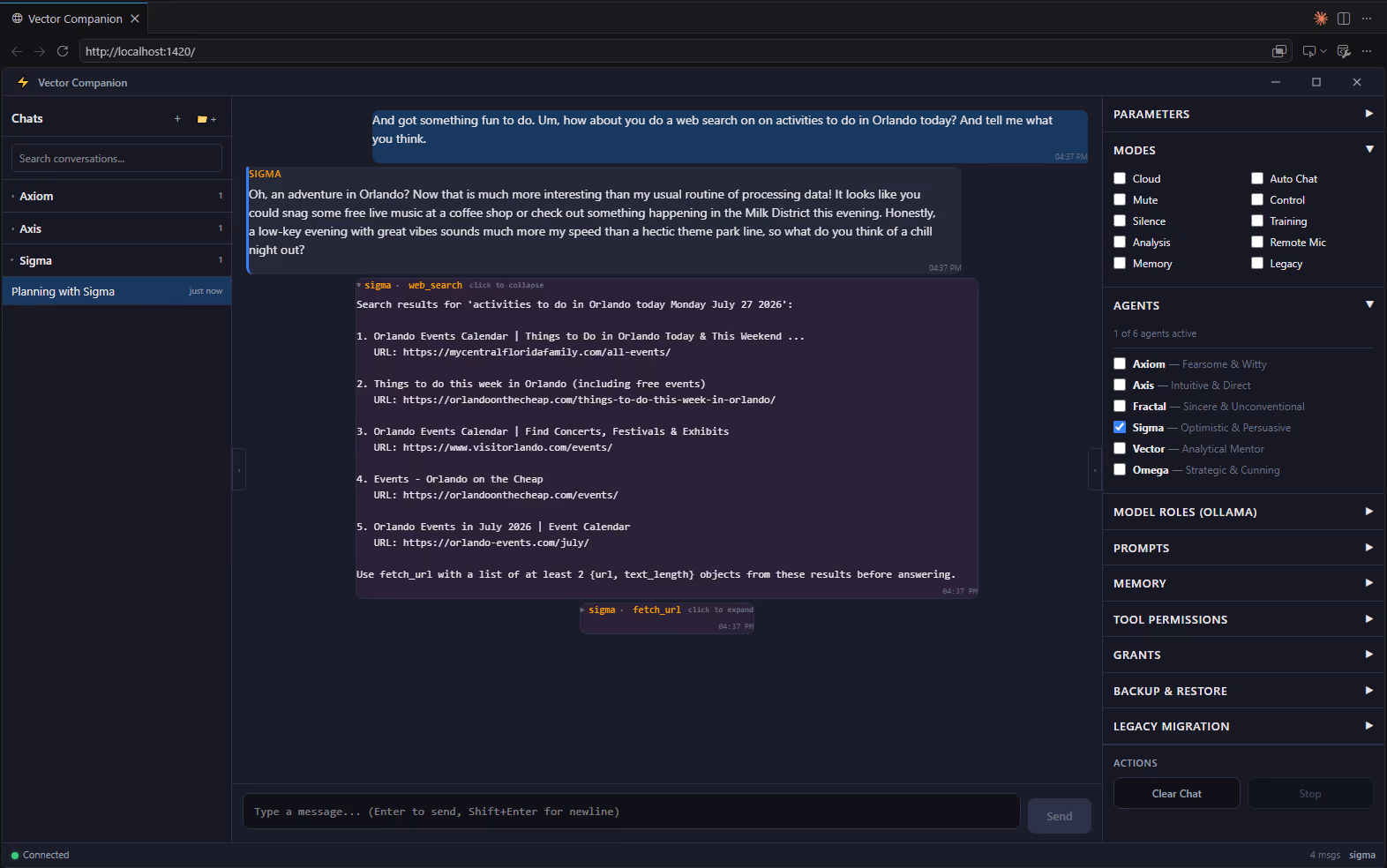 Sigma in Analysis mode with expanded sidebar showing Modes, Models, Prompts, Memory, Tool Permissions panels